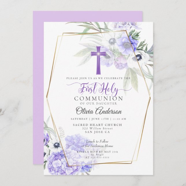 FIRST COMMUNION | Violet Anemone Blommigt Kor Inbjudningar (Fram/baksida)