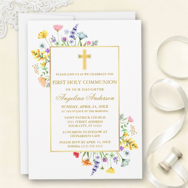 First Communion Watercolor Wildflowers Gold  Inbjudningar (Customize to change text size, text style or color.)