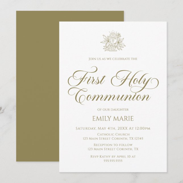 First Communion white and gold Invitation Inbjudningar (Fram/baksida)