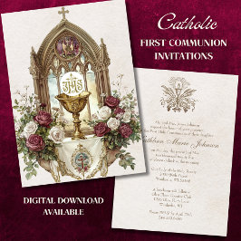 First CommunionChalice Host Burgundy Vit ros Inbjudningar