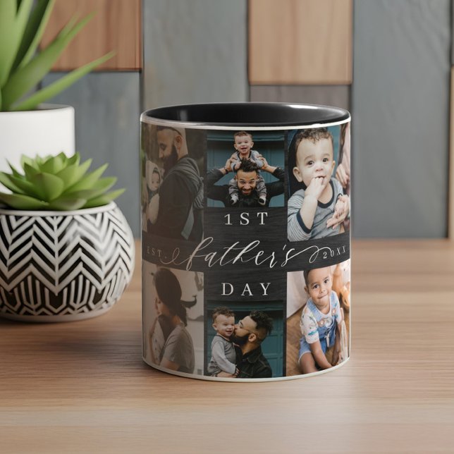 First Fars dag Black Woodgrain Photo Collage Mugg (First Father's Day Black Woodgrain Photo Collage Mug)