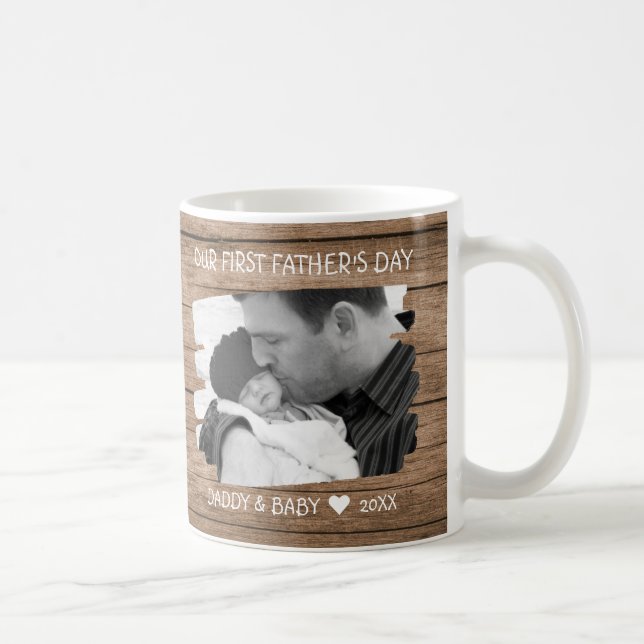 First Fars dag New Pappa Baby Photo Rustic Wood Kaffemugg (Höger)