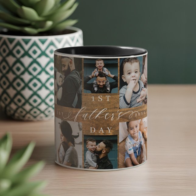 First Fars dag Rustic Woodgrain Photo Collage Mugg (First Father's Day Rustic Woodgrain Photo Collage Mug)