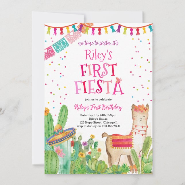 First Fiesta Llama Catus Girl Birthday-inbjudan Inbjudningar (Framsida)