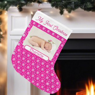 First Flicka Fotto Namn Rosa Snö Stor Julstrumpa