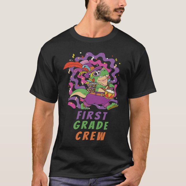 First Grade Crew School Kid & Teacher Mardi Gras D T Shirt (Framsida)