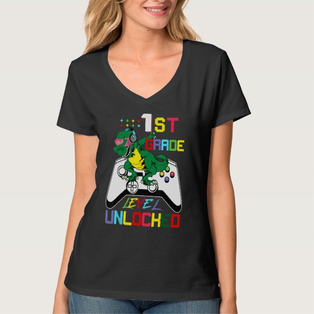 First Grade Dinosaur Dabbing Video Game Back To Sc T Shirt (Framsida)