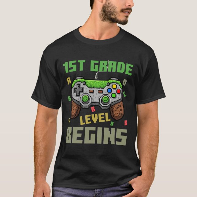 First Grade Level Begins Gamer Boys Kids Ck To Sch T Shirt (Framsida)