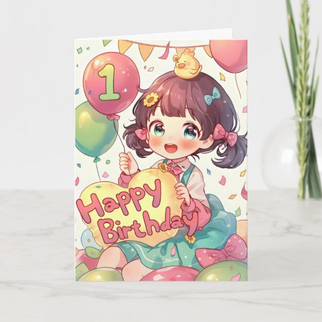 First Grattis på födelsedagen Anime Girl Helgkort (Framsida)