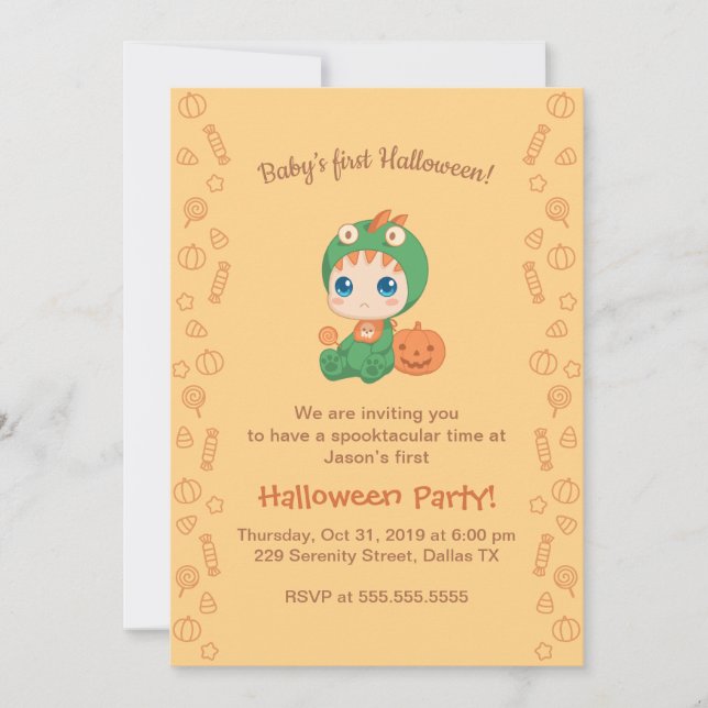 First Halloween Baby Cute Dragon Dinosaur Party Inbjudningar (Framsida)