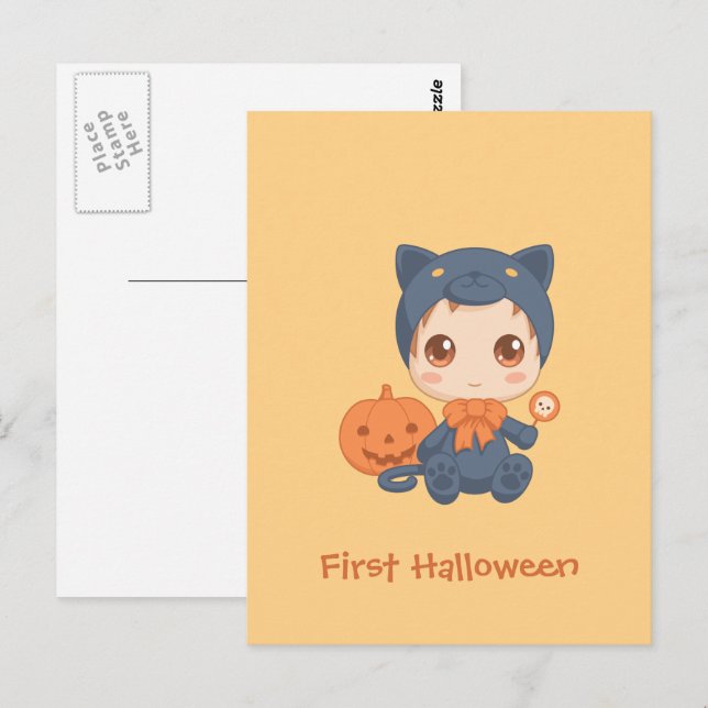 First Halloween Cute Baby Black Cat Costume Vykort (Fram/baksida)