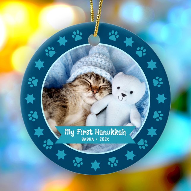 First Hanukkah Pet Kitten Photo Tassar Stars Navy Julgransprydnad Keramik (Skapare uppladdad)