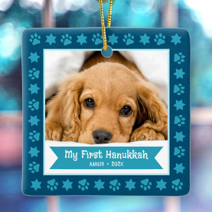 First Hanukkah Pet Puppy Photo Tassar Stars Navy Julgransprydnad Keramik