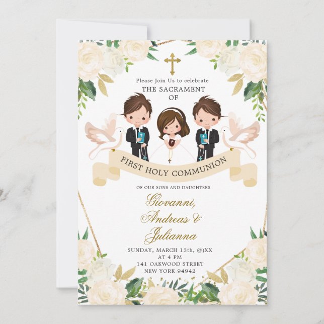 First Heliga Communion Inv. Syskon Boys Girl Inbjudningar (Framsida)