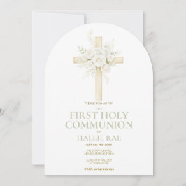 First Holy Communion Arched Invite, Floral Cross  Inbjudningar