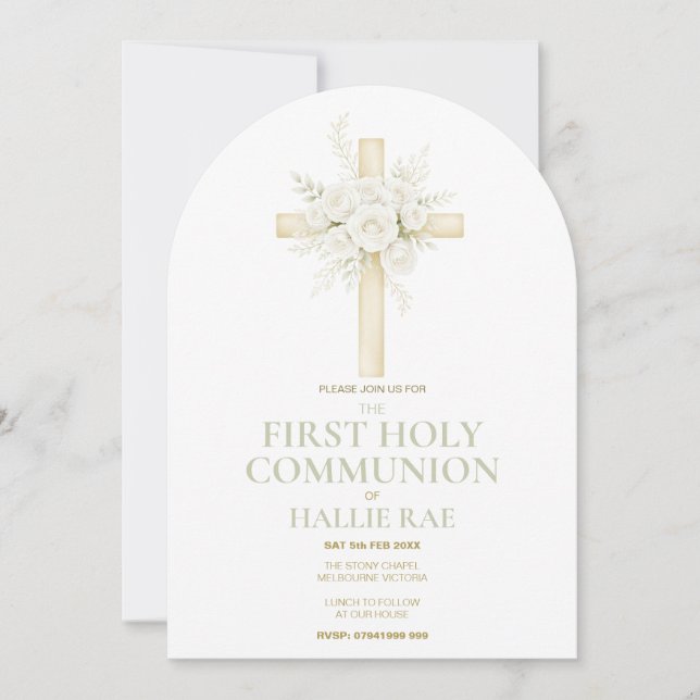 First Holy Communion Arched Invite, Floral Cross  Inbjudningar (Framsida)