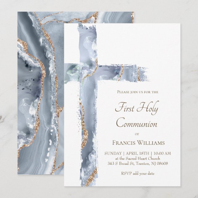 First Holy Communion blue agate Holy Cross Inbjudningar (Fram/baksida)