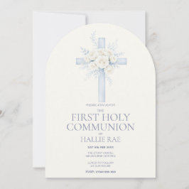 First Holy Communion, Blue Floral Cross Arched Inbjudningar