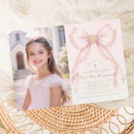 First Holy Communion Blush Pink Bow Christian Inbjudningar