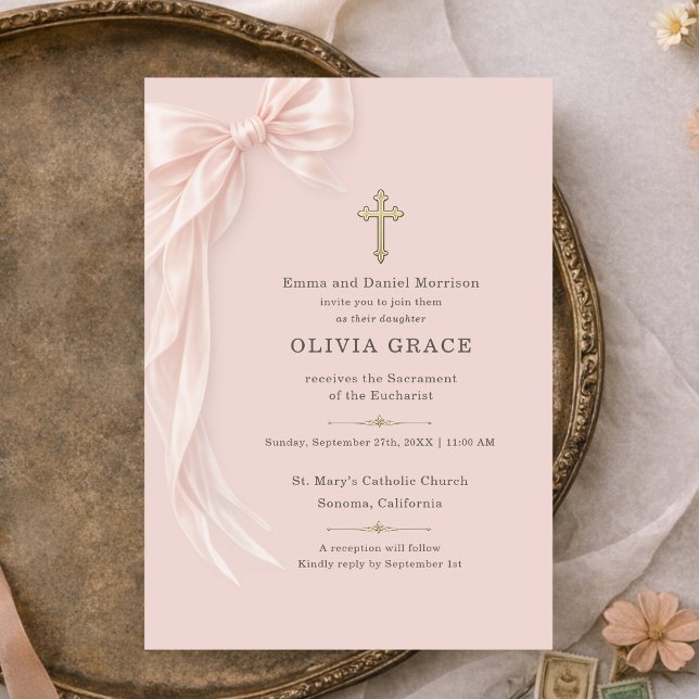 First Holy Communion Blush Pink Bow Girl  Inbjudningar (Skapare uppladdad)