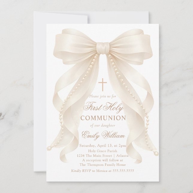 First Holy Communion Bow Pearls Invitation Inbjudningar (Framsida)