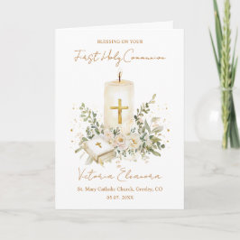 First Holy Communion Candle Bible Greenery Leaves Kort