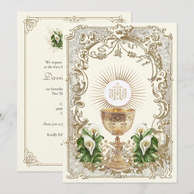 First Holy Communion Chalice Eucharist Calla Lily Inbjudningar (Fram/baksida)