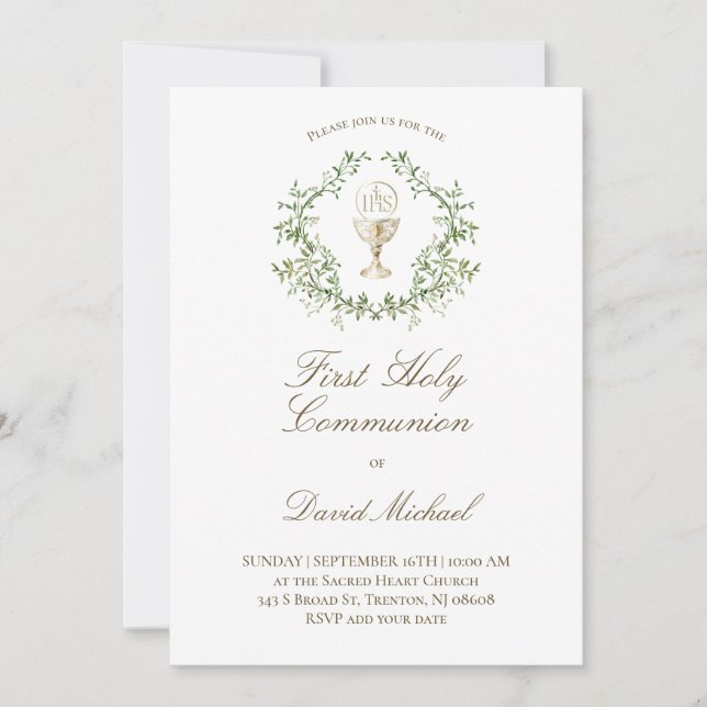 First Holy Communion chalice greenery crest Inbjudningar (Framsida)