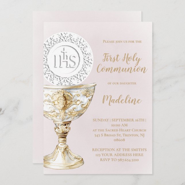  First Holy Communion Chalice Host Inbjudningar (Fram/baksida)