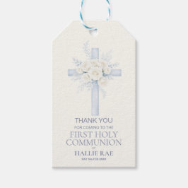 First Holy Communion Favor Tag, Blue Floral Cross Presentetikett