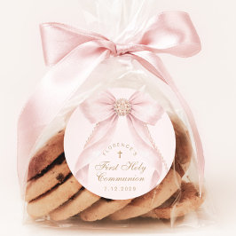First Holy Communion Gold Cross Pink Bow Runt Klistermärke