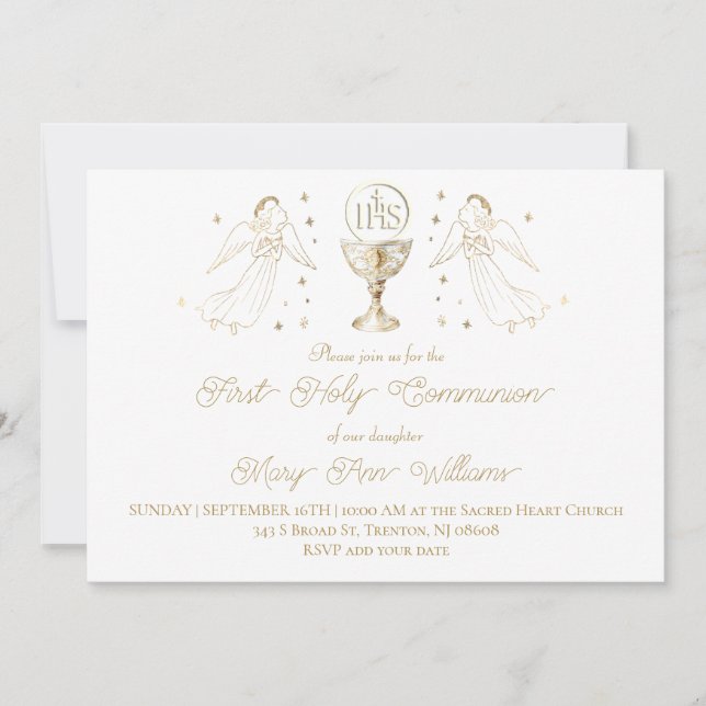 First Holy Communion golden angels Chalice Host Inbjudningar (Framsida)