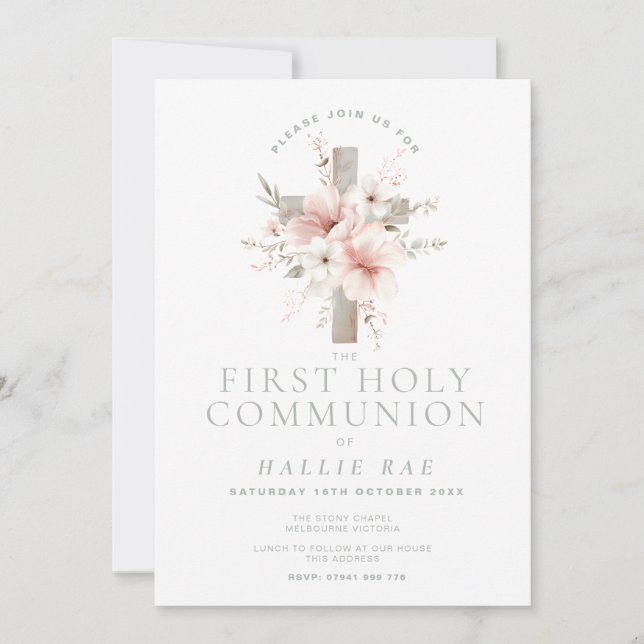First Holy Communion Invitation, Floral Cross Inbjudningar (Framsida)