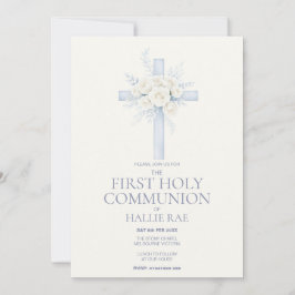 First Holy Communion Invite, Blue Floral Cross Inbjudningar