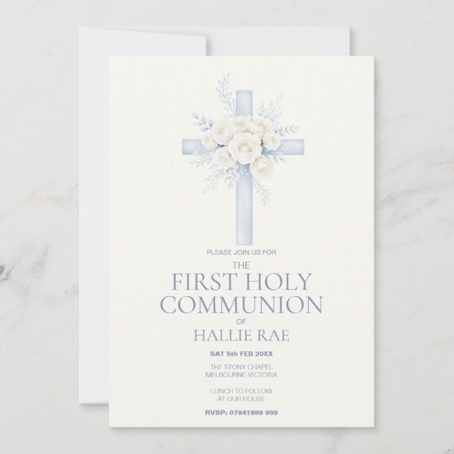First Holy Communion Invite, Blue Floral Cross Inbjudningar (Framsida)