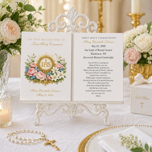 First Holy Communion Remembrance IHS Floral  Visitkort (Skapare uppladdad)