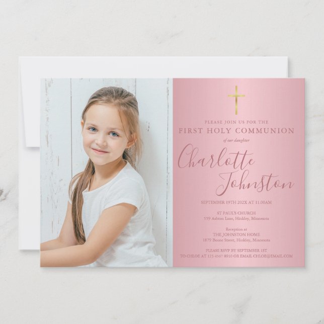 First Holy Communion Rose Gold Script Foto Inbjudningar (Framsida)