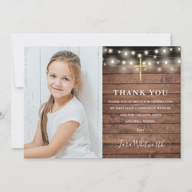 First Holy Communion Rustika Strängljus Foto Tack Kort (Framsida)