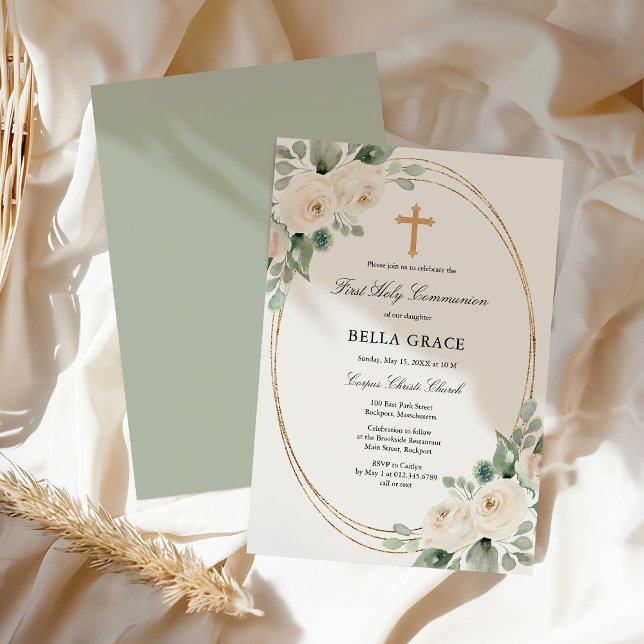 First Holy Communion White Rose Floral Inbjudningar (Skapare uppladdad)