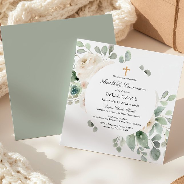 First Holy Communion White Rose Floral Square Inbjudningar (Skapare uppladdad)