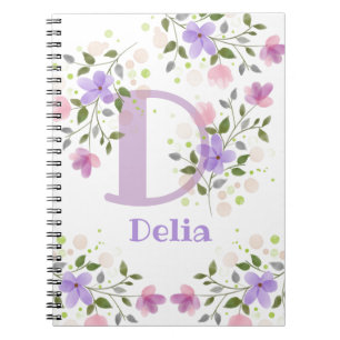First Initial Plus Namn Delia with Flowers Anteckningsbok