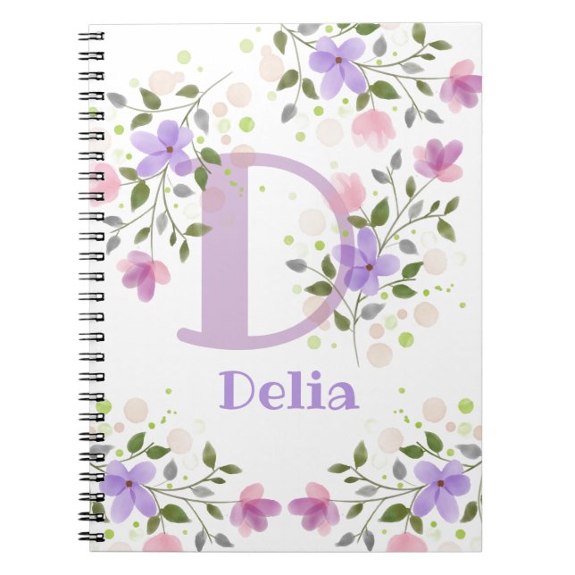 First Initial Plus Namn Delia with Flowers Anteckningsbok (Framsidan)