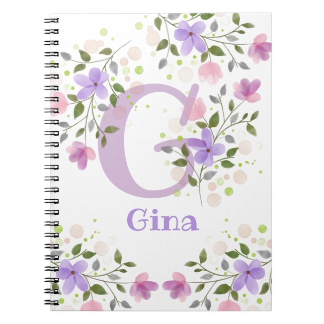 First Initial Plus Namn Gina with Flowers Anteckningsbok (Framsidan)