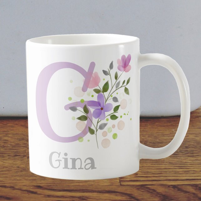 First Initial Plus Namn Gina with Flowers Kaffemugg (Skapare uppladdad)