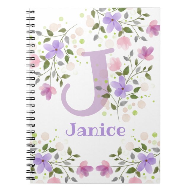 First Initial Plus Namn Janice with Flowers Anteckningsbok (Framsidan)