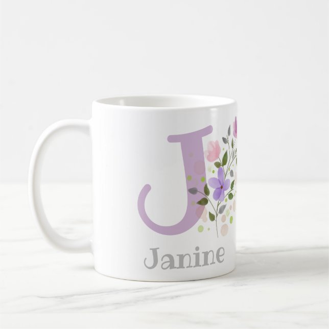 First Initial Plus Namn Janine med Flowers Kaffemugg (Vänster)