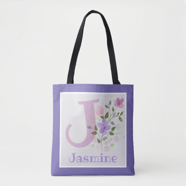 First Initial Plus Namn Jasmine med Flowers Tygkasse (Framsida)