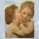 First Kiss (ängeldetalj) av Bouguereau Pussel<br><div class="desc">Första Kiss, närmare uppgifter om änglar (1890) från Bouguereau. En vintage Viktorian mythology bra realist religiösa porträtt-målning. Två änglar, en kyssar den andra på kinden. Även om den korrekta titeln på målningen är L'Kärlek et Psyché, Enfants, hade den felaktigt titeln Le Premier Baiser (den första kyssan) och namn fastnade. Om...</div>