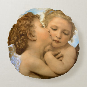 First Kiss (ängeldetalj) av Bouguereau Rund Kudde