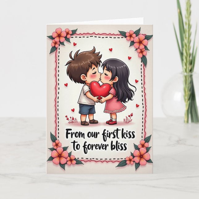 First Kiss Cute Couple Card Kort (Framsida)